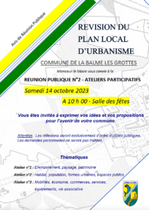 Lire la suite à propos de l’article Samedi 14 octobre: 2ème réunion publique dans le cadre de la révision du PLU.