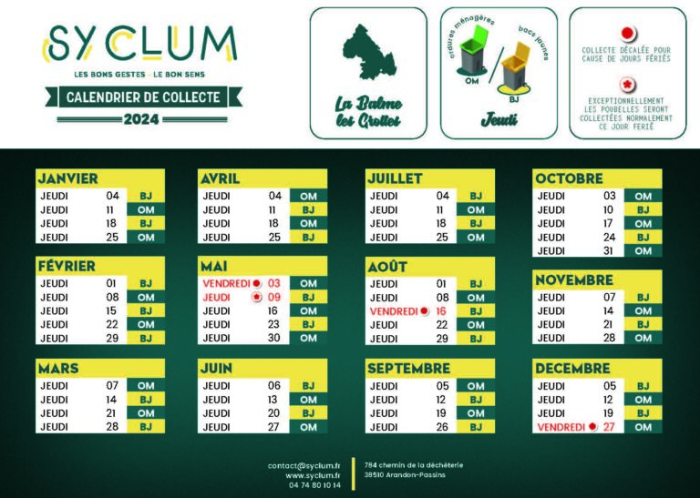 Calendrier 2024 ramassage des ordures menageres