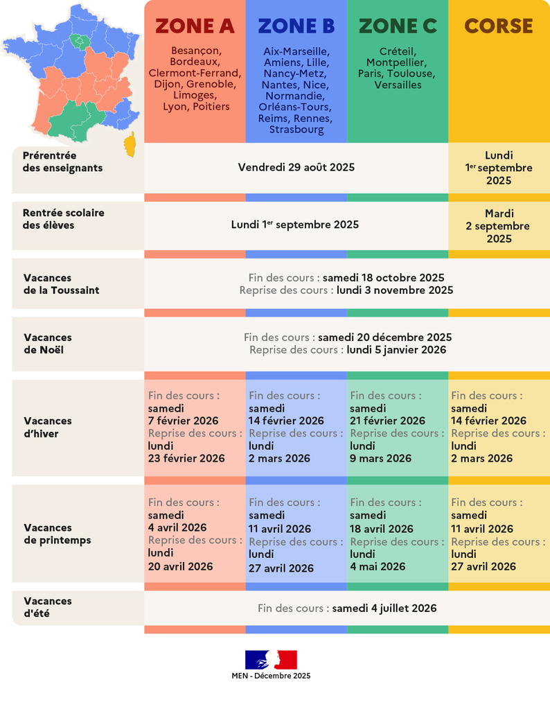 Calendrier scolaire 2025-2026